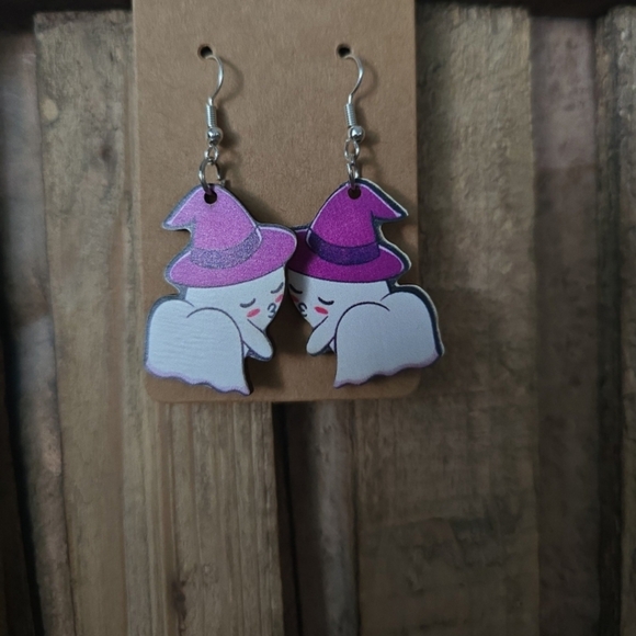 Halloween Ghost Wooden Earrings - Picture 1 of 1